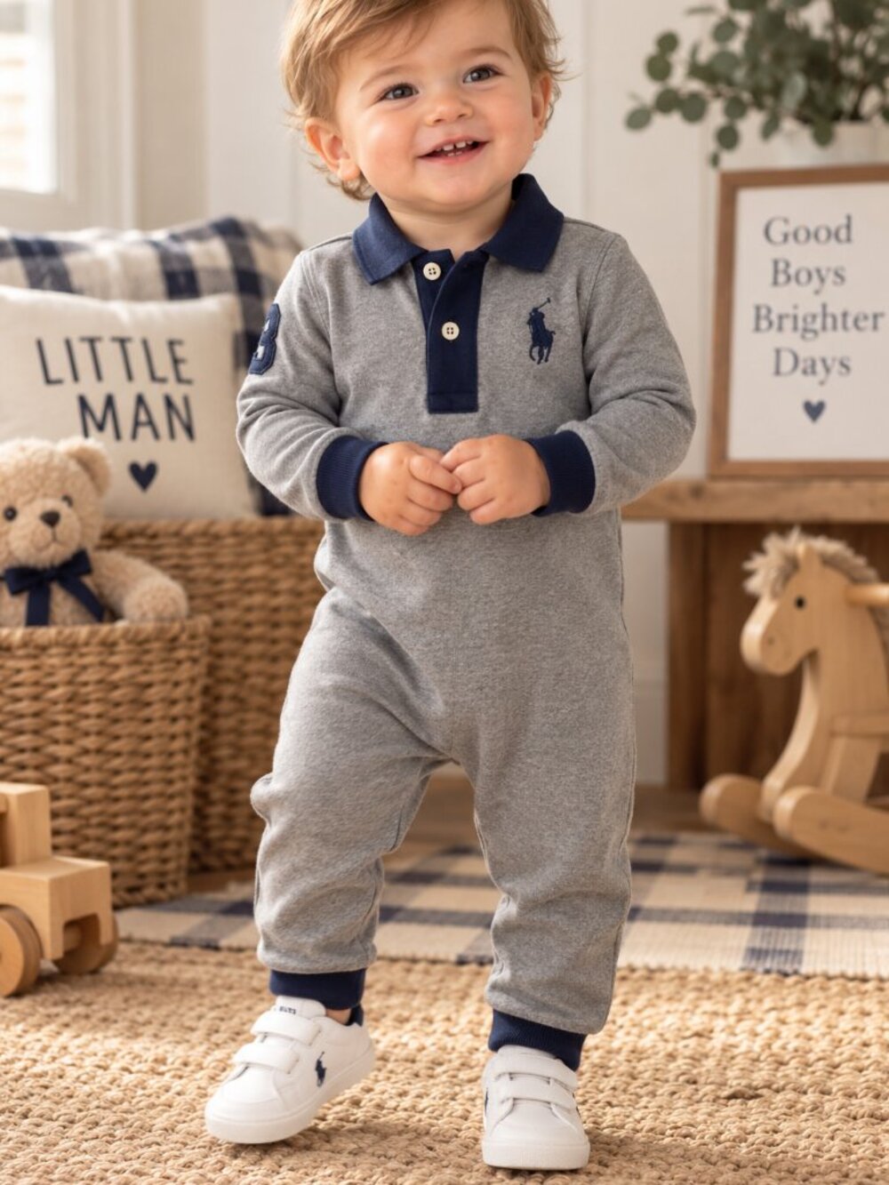 Ralph Lauren Baby Boy 18M Gray Long Sleeve Polo Coverall Jumpsuit Preppy